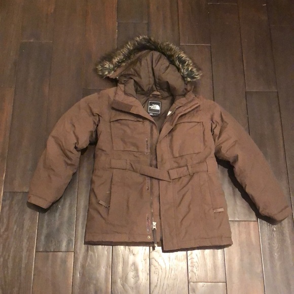 Girls brown The North Face jacket with removable hood size medium